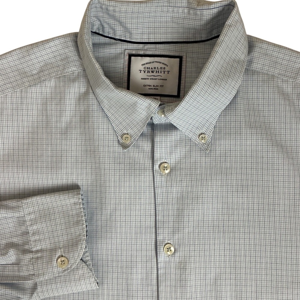 Charles Tyrwhitt Dress Shirt Mens 17.5/36 Blue Extra Slim Fit Non-Iron Check